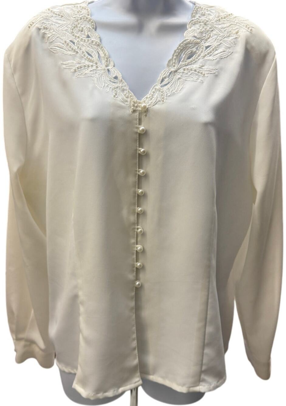 VTG Kathy Che Blouse SZ 16/18 Ivory Pearl Beads Embroidery Long Sleeve lace